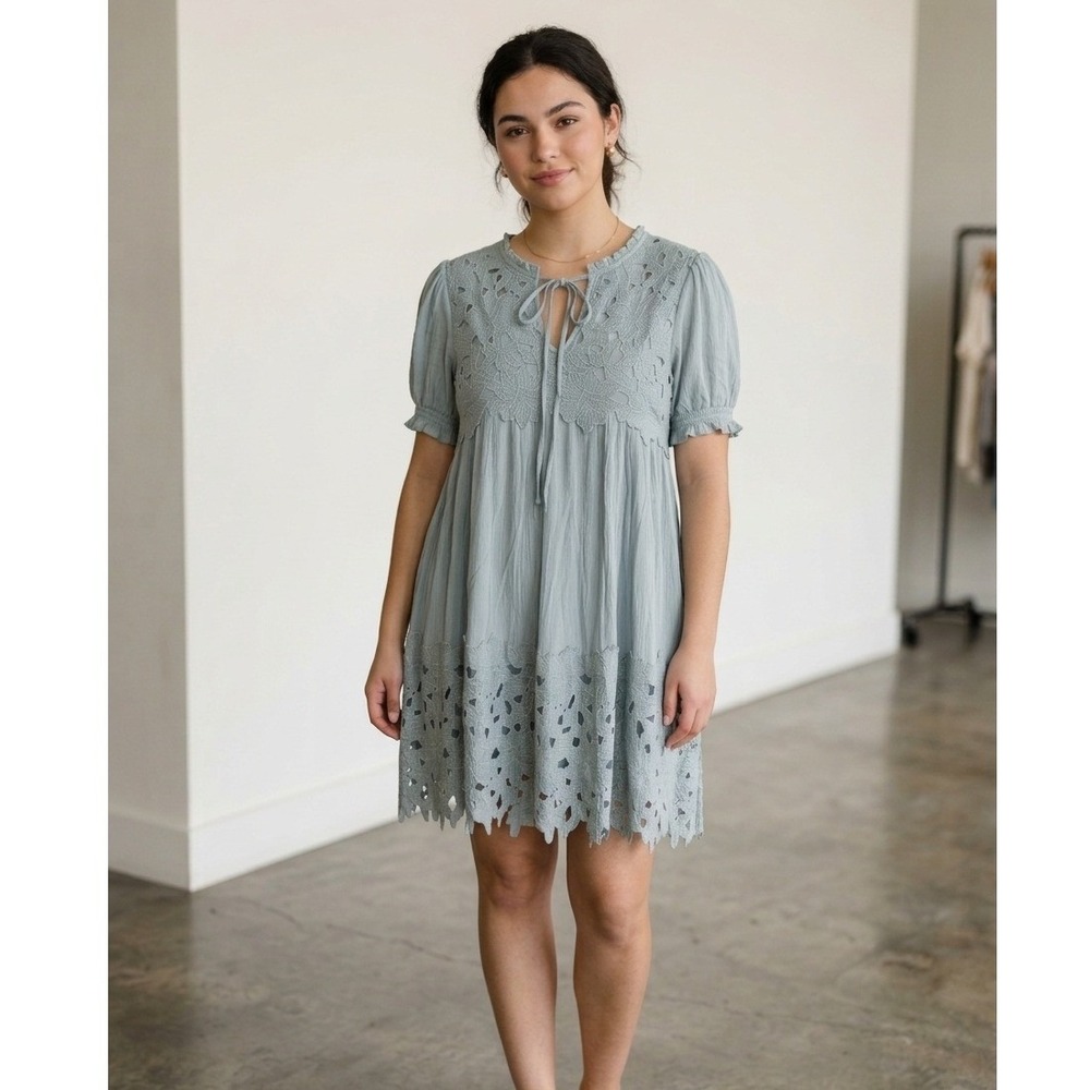 Umgee USA Women Sage Crochet Lace Babydoll Tunic Top Mini Dress Large K6138 - Picture 1 of 11
